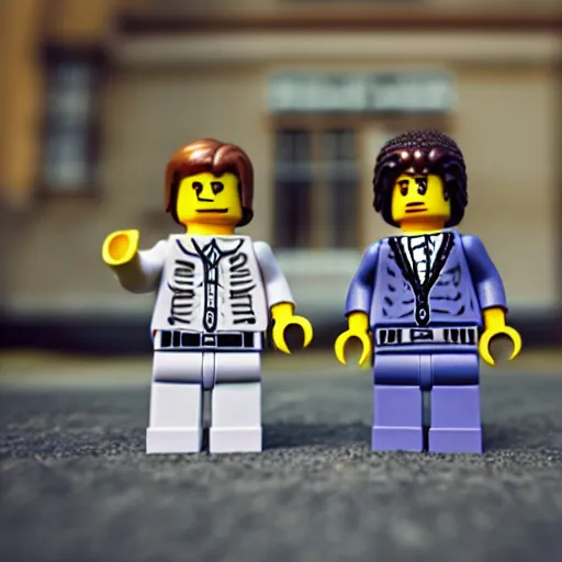 Image similar to Lego Pulp Fiction, tilt shift 35mm film