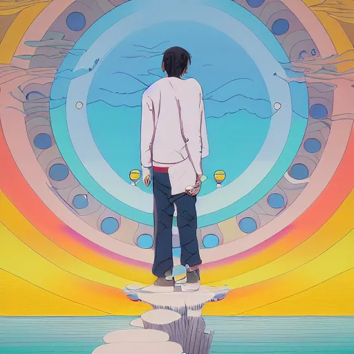 Image similar to a man walking on clouds away from the camera above a lake by takashi murakami, beeple and james jean, aya takano color style, 4 k, super detailed, modern, 4 k, symmetrical