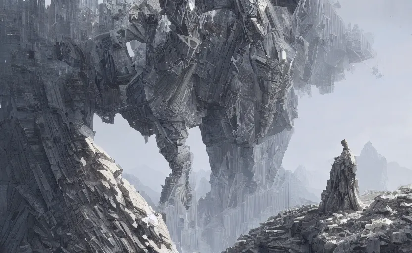 Prompt: a titan constructed from diamonds, high in the mountains, greg rutkowski, 8 k, shallow depth of field, intricate detail, concept art,