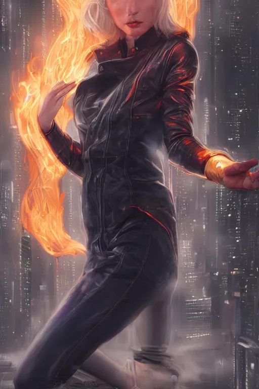 Prompt: wonderful young blonde woman with flames dancing on her hands with a long jacket in a cyberpunk city, realistic, high definition, detailed and symetric face, detailed and realistic hands, expressive eyes, 4 k, shimmering color, art by artgerm ans greg rutkowski and magali villeneuve