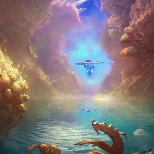 Prompt: Astronauts are riding some mythical animals, they are swimming under the sea, this is an extravagant planet with wacky and vibrant wildlife, the background is full of ancient ruins from Atlantis, by Jordan Grimmer digital art, trending on Artstation,
