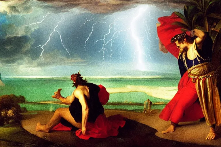 Prompt: Close-up of The Fool leaving the palace, refracted sparkles, thunderstorm, beach and Tropical vegetation on the background major arcana sky and symbols, by paul delaroche, hyperrealistic 4k uhd, award-winning, very detailed paradise