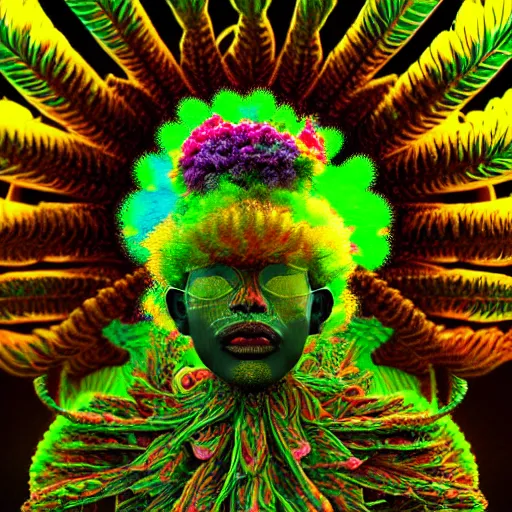 Image similar to an african marijuanna! shaman with an afro made of flowers, third eye art art by machina infinitum, complexity from simplicity, rendered in octane, mandelbulb 3 d, ambient occlusion, macro photography, felt!!! texture, tribal, neon! retrowave