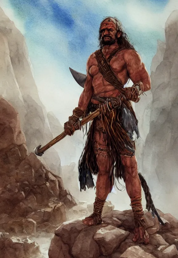 Image similar to a solitary randy savage with an anchor slung over his shoulder alone in a rocky desolate wasteland | portrair | fantasy watercolour painting | middle earth | pathfinder | artstation | conan | darksun | d & d dungeons and dragons | barbarian