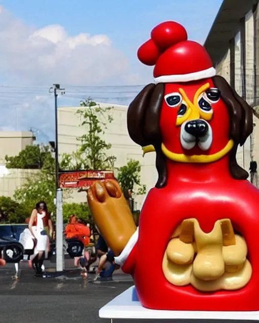 Prompt: hotdog sculpture of snoop dogg made of hotdogs