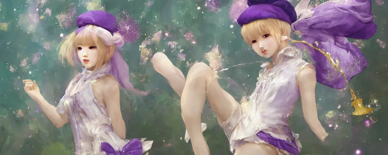 Image similar to Full View of a mysterious kpop fairy maidens with short blond hair wearing an oversized purple Beret, Baggy Purple overall shorts, Short Puffy pants made of silk, silk shoes, a big billowy scarf, Golden Ribbons, white leggings Covered in stars. Short Hair. peasant magic. masterpiece 4k digital illustration by Ruan Jia and Mandy Jurgens and Artgerm and william-adolphe bouguereau, award winning, Artstation, art nouveau aesthetic, Alphonse Mucha background, intricate details, realistic, panoramic view, Hyperdetailed, 8k resolution, intricate art nouveau, smooth, sharp focus