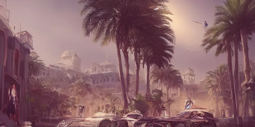 Image similar to Futuristic Marrakech, palm trees, Flying vehicles ,Moroccan mosque ,WLOP, James Jean, tom bagshaw, rococo, trending on artstation, fantasy, intricate, elegant, highly detailed, digital painting, concept art, smooth, illustration, cinematic lighting, hyper realism, octane render, 8k, hyper detailed.