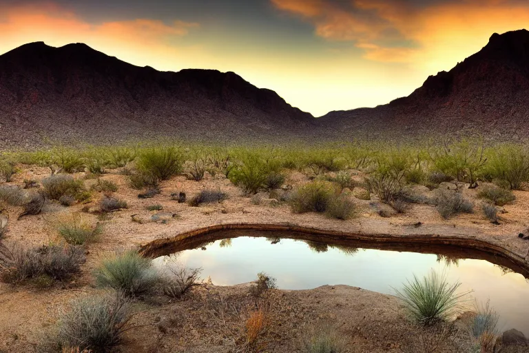 Prompt: beautiful landscape photography of an Arizona desert, lake, midnight, stars