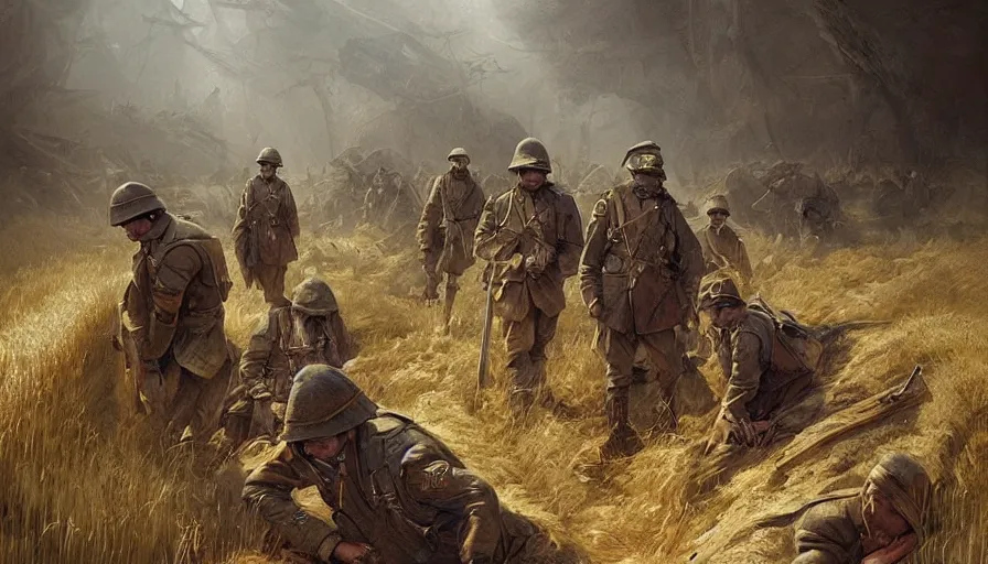 Image similar to beautiful digital painting of a group of barley surviving soldiers in a trench waiting for the war to end. cinematic lighting and rendering, atmospheric, concept art, high detailed faces, artstation by artgerm and greg rutkowski,,