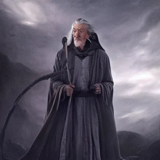 Image similar to landscape photo of ian mckellen as gandalf in a dark hood walking, arial shot, highly detailed, cinematic shot, cinematic lighting, 8 k, painting by john martin pandemonium, chiaroscuro, dark painting.