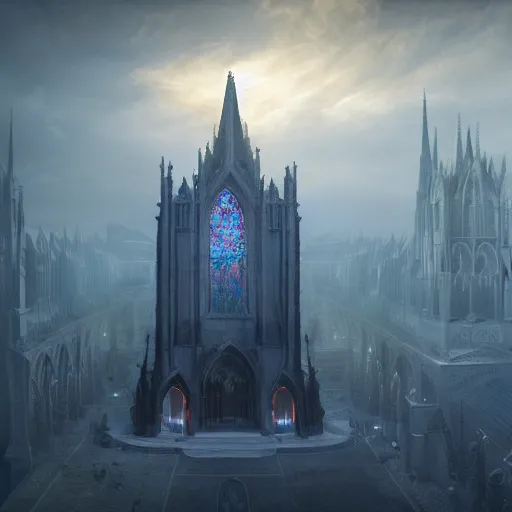 Image similar to an ultra detailed matte painting of the throne of the evil patriarch up incredibly high looking down into the cathedral, incense smoke drifting through the air, artstation, volumetric lighting, exquisite detail, octane render, 8 k postprocessing, art by john collier and albert aublet