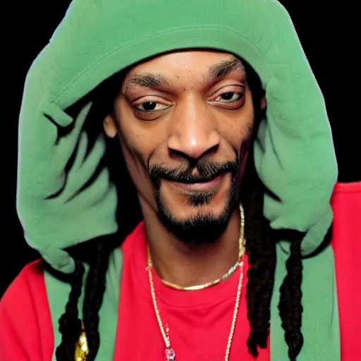 Prompt: Snoop Dog with big eyes eye color red , smiling and holding a joint in his hand