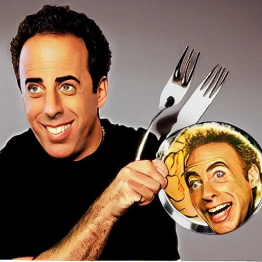 Image similar to jerry seinfeld holding a fork and knife with kramer's head on a plate. realistic photo