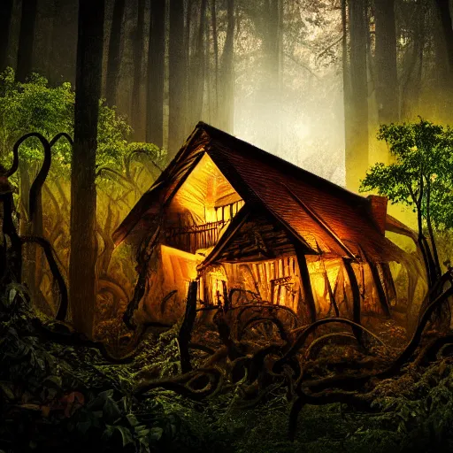 Image similar to collapsed wooden house in mythical forest with creepy ambiance, vines hanging from trees, glowing fireflies, hazy, by hr giger, sharp focus, highly detailed