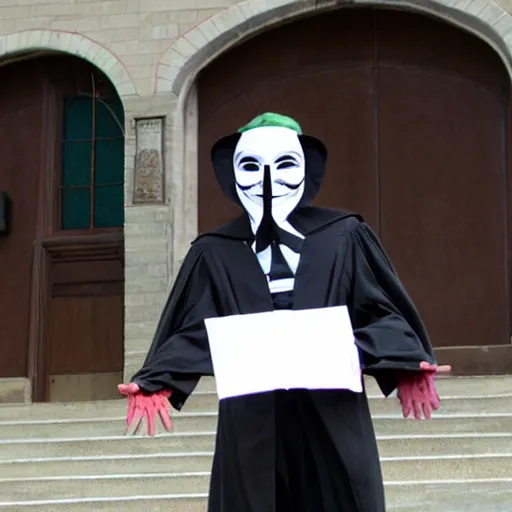 Prompt: professor anonymous wearing guy fawkes mask giving lecture at university