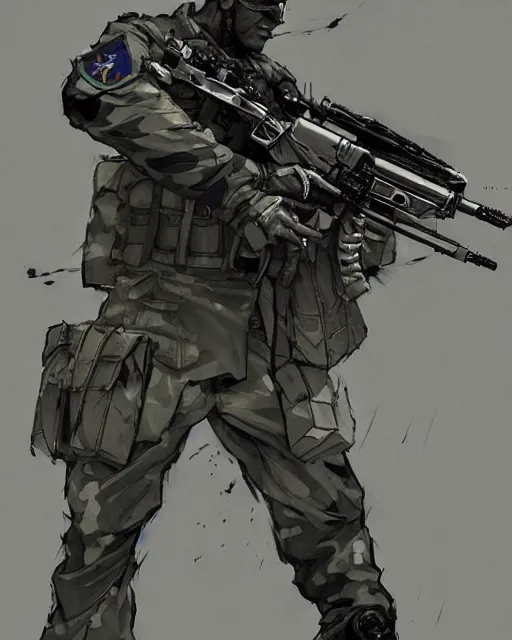 Image similar to a soldier wielding a machine gun, concept art, artstation, trending, highly detailed, smooth, focus, art by yoji shinkawa