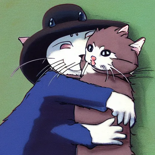 Image similar to art by studio ghibli of a baby kitten wearing a cowboyhat hugging a cat