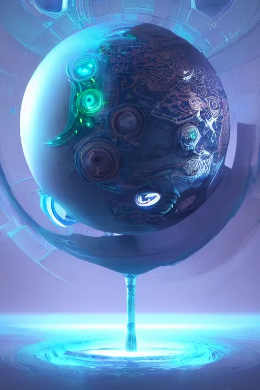 Image similar to a movie still of an ancient futuristic ethereal globe with digital modifications surrounded by a underwater ink pour and flowing liquid gallium and complex sacred geometry, powerful, cinematic, beautifully lit, by john howe, by beeple, by artgerm, by karol bak, by brian froud, 3 d, trending on cgsociety, octane render, 8 k