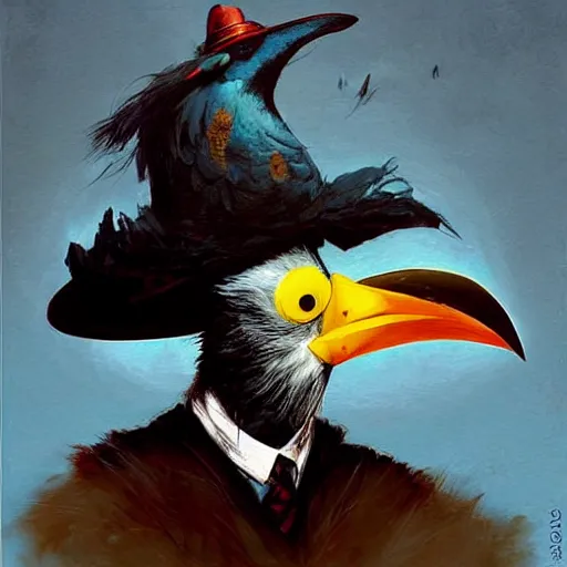 Image similar to ( ( ( head and shoulders portrait of a kenku crow person wearing a porkpie hat ) ) ), d & d, fantasy, dave mckean, peter mohrbacher