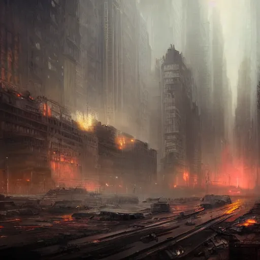 Prompt: new york city in a post apocalyptic earth as seen by greg rutkowski, dark theme, enchanted, warm colors, high quality, waw, trending on artstation