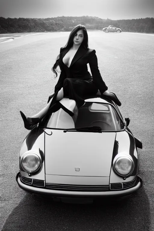 Image similar to Photo of a beautiful model sitting on the hood of a silver Porsche 911 Carrera 3.2, daylight, dramatic lighting, award winning, highly detailed, fine art photography