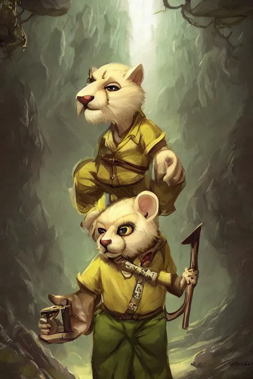 Prompt: cute anthropomorphic albino mountain lion wearing a yellow button-down shirt and olive green slacks, pretty, beautiful, DnD character art portrait, matte fantasy painting, DeviantArt Artstation, by Jason Felix by Steve Argyle by Tyler Jacobson by Peter Mohrbacher, cinematic lighting