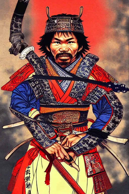 Image similar to poster of manny pacquiao as a samurai, wearing sengoku - era shogunate armor, by yoichi hatakenaka, masamune shirow, josan gonzales and dan mumford, ayami kojima, takato yamamoto, barclay shaw, karol bak, yukito kishiro