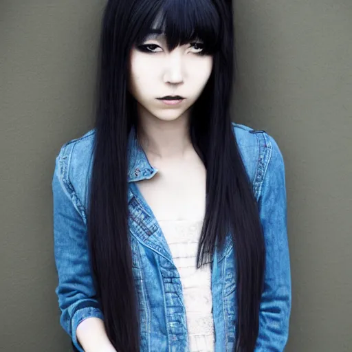 Image similar to japanese girl with emo makeup and long hair, bangs