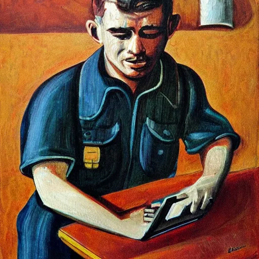 Image similar to 1 9 6 0's detailed intricate social realism painting of worker with laptop, heroic