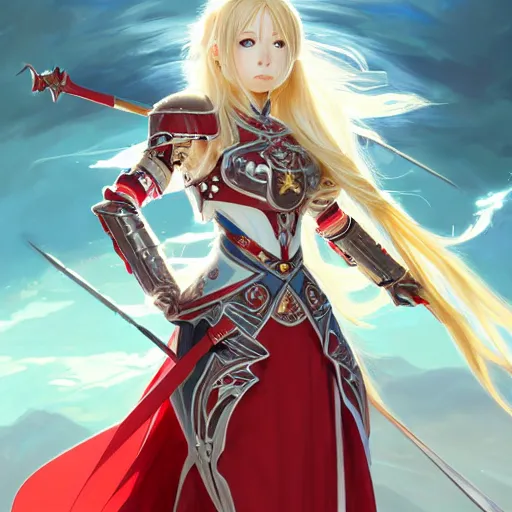 Prompt: Asuna Yuuki, Portrait of a girl with blonde hair wearing a partial paladin armor with a red skirt and white top, face, fantasy, intricate, elegant, highly detailed, digital painting, artstation, concept art, smooth, sharp focus, illustration, art by Fernanda Suarez and Artem Demura and alphonse mucha