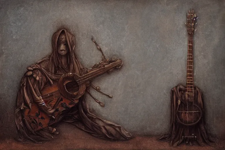 Image similar to still life of a cursed carved wooden lute with ebony inlay and strings of pain, oud, guitar designed by brian froud and hr giger leans against the wall alone, abandoned. an empty brutalist chamber, lonely, somber, a thin wisp of smoke rises from the lute. late afternoon lighting cinematic fantasy painting by jessica rossier