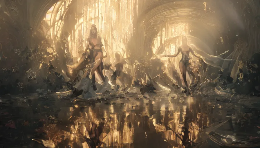 Image similar to victoria secret runway show, light, shadows, reflections, flowers, epic composition, intricate, elegant, volumetric lighting, digital painting, highly detailed, artstation, sharp focus, illustration, concept art, ruan jia, steve mccurry, greg rutkowski, mina petrovic, timothy kong, marina federovna, concept art, iconic