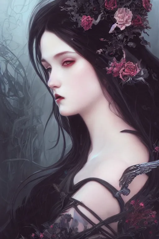 Image similar to portrait of radical lolita girl, dreamy and ethereal, dark eyes, peaceful expression, ornate goth dress, dark fantasy, chaotic, elegant, black crows flying, highly detailed, digital painting, artstation, concept art, smooth, sharp focus, illustration, art by artgerm and greg rutkowski and alphonse mucha