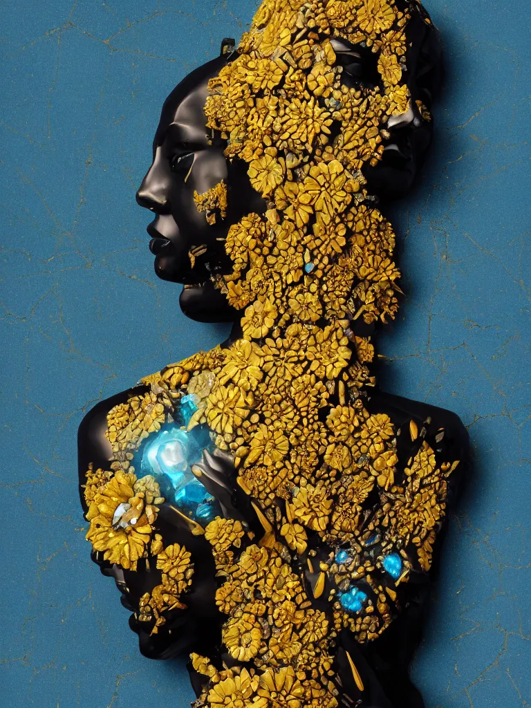 Image similar to symmetrical fractured dark obsidian greek statue of eastasian female beauty, yellow gemstones spikes, crystallic sunflowers, lightblue acrylic paintdrip and magenta tar, repaired with kintsugi, rendered in octane trending on cgsociety. extremely detailed and intricate art, corruption, sleek