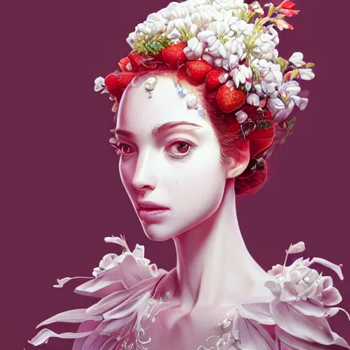 Image similar to the portrait of an absurdly beautiful, graceful, elegant, sophisticated, fashionable young woman made of strawberries and white petals looking down, an ultrafine hyperdetailed illustration by kim jung gi, irakli nadar, intricate linework, bright colors, octopath traveler, final fantasy, unreal engine 5 highly rendered, global illumination, radiant light, detailed and intricate environment