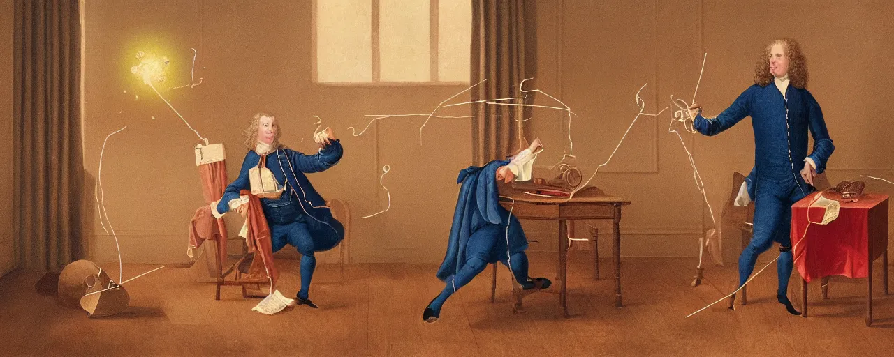 Image similar to sir isaac newton dispersing a prism with spaghetti, 1 7 0 0 s, kodachrome, in the style of wes anderson, retro