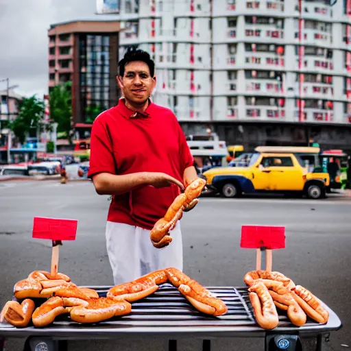 Prompt: weird man selling hotdogs, 🌭, canon eos r 3, f / 1. 4, iso 2 0 0, 1 / 1 6 0 s, 8 k, raw, unedited, symmetrical balance, wide angle