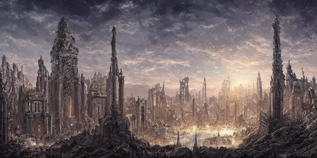 Image similar to an concept art of the ancient eldritch city, surrounded by monumental obelisks, lovercraft, intricate details, detailed sky, detailed structures, starry night, artstation, epic scenery, colourful light, cinematic, by kentaro miura and vasnetsov