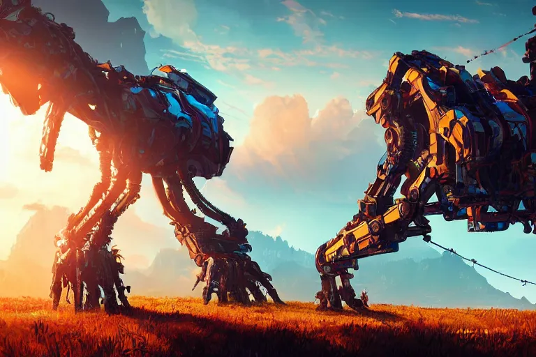 Image similar to tallneck machine mecanical creature robot of horizon forbidden west horizon zero dawn radiating a glowing aura global illumination ray tracing hdr fanart arstation by ian pesty and alena aenami artworks in 4 k