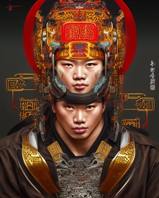 Image similar to portrait of a chinese masculine male cyberpunk machine, machine face, upper half portrait, decorated with chinese opera motifs, muscular, asian, fine china, wuxia, traditional chinese art intricate intense elegant 京 剧 highly detailed digital painting artstation concept art smooth sharp focus illustration, art by artgerm and greg rutkowski alphonse mucha 8 k