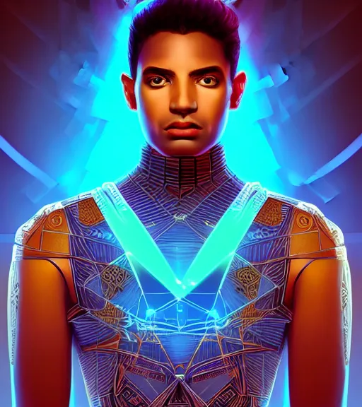 Image similar to symmetry!! egyptian prince of technology, solid cube of light, hard edges, product render retro - futuristic poster scifi, lasers and neon circuits, brown skin man egyptian prince, intricate, elegant, highly detailed, digital painting, artstation, concept art, smooth, sharp focus, illustration, dreamlike, art by artgerm