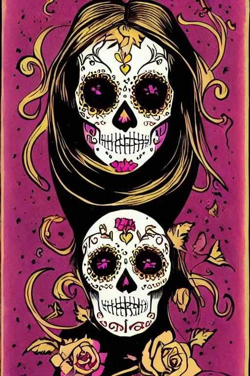 Image similar to Illustration of a sugar skull day of the dead girl, art by jack gaughan