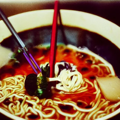 Image similar to A bowl of ramen cooked by Tadanori Yokoo, 35mm film