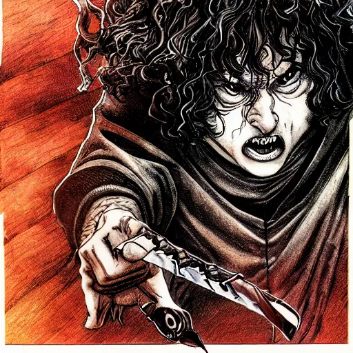 Prompt: symmetrical complex fine detail, black ink & copic markers, vibrant muted colors, disturbing grunge still of a [ solomonic demon infested ] [ frodo baggins raging at gandalf ]!!!, by yoshitaka amano, by mike allred