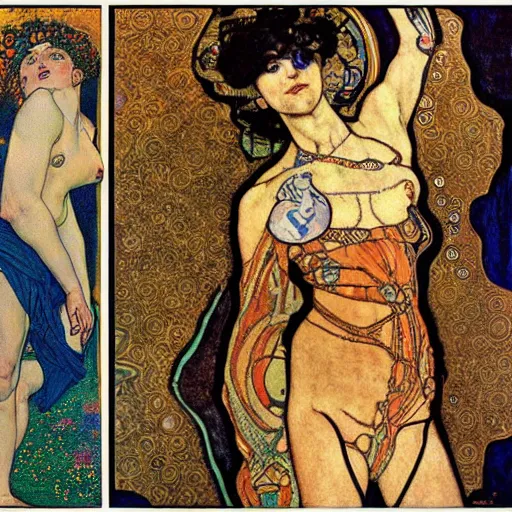 Image similar to transcendential consciousness, contrapposto, egon schiele, gustav klimt, alphonse mucha, retro futurism