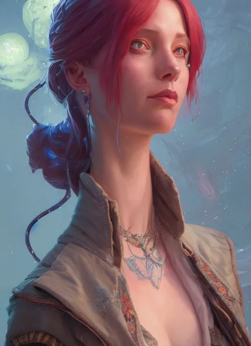 Image similar to Highly detailed portrait of Jinx from Arcane, Stephen Bliss, unreal engine, fantasy art by Greg Rutkowski, Loish, Rhads, ferdinand knab, Makoto Shinkai and Lois van baarle, ilya kuvshinov, rossdraws, Tom Bagshaw, alphonse mucha, global illumination, radiant light, detailed and intricate environment