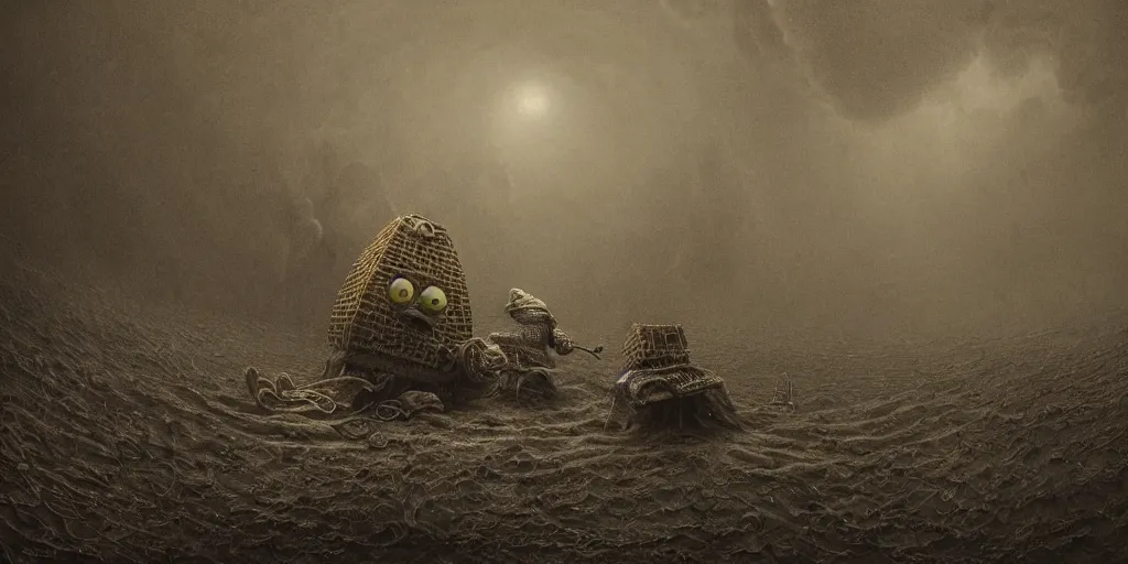 Image similar to spongebob drawn by beksinski, realistic 4 k octane beautifully detailed render, 4 k post - processing, highly detailed, intricate complexity, epic composition, magical atmosphere, cinematic lighting, masterpiece, ultra hd