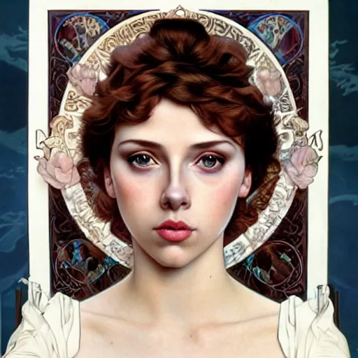 Prompt: realistic detailed painting of 16-year old girl who looks like Scarlett Johansson and Audrey Hepburn, as Anna from Frozen by Alphonse Mucha, Ayami Kojima, Amano, Charlie Bowater, Karol Bak, Greg Hildebrandt, Jean Delville, and Mark Brooks, Art Nouveau, Neo-Gothic, gothic, rich deep colors