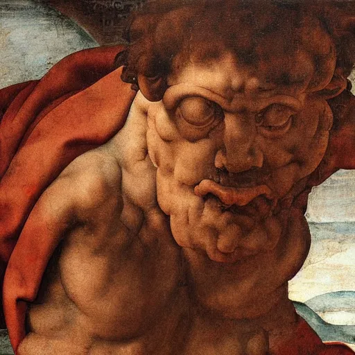 Image similar to scared man staring up, high detail painting by michelangelo