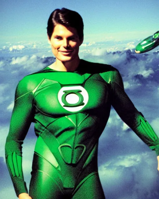 Prompt: photograph of actor Christoper Reeve dressed as a Green Lantern, lounging by an infinity pool on a mystical Alien planet with voluminous purple clouds, Sunny Day